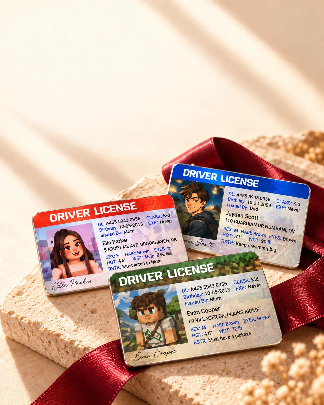 Three personalized game-inspired driver license metal cards arranged with a red gift ribbon
